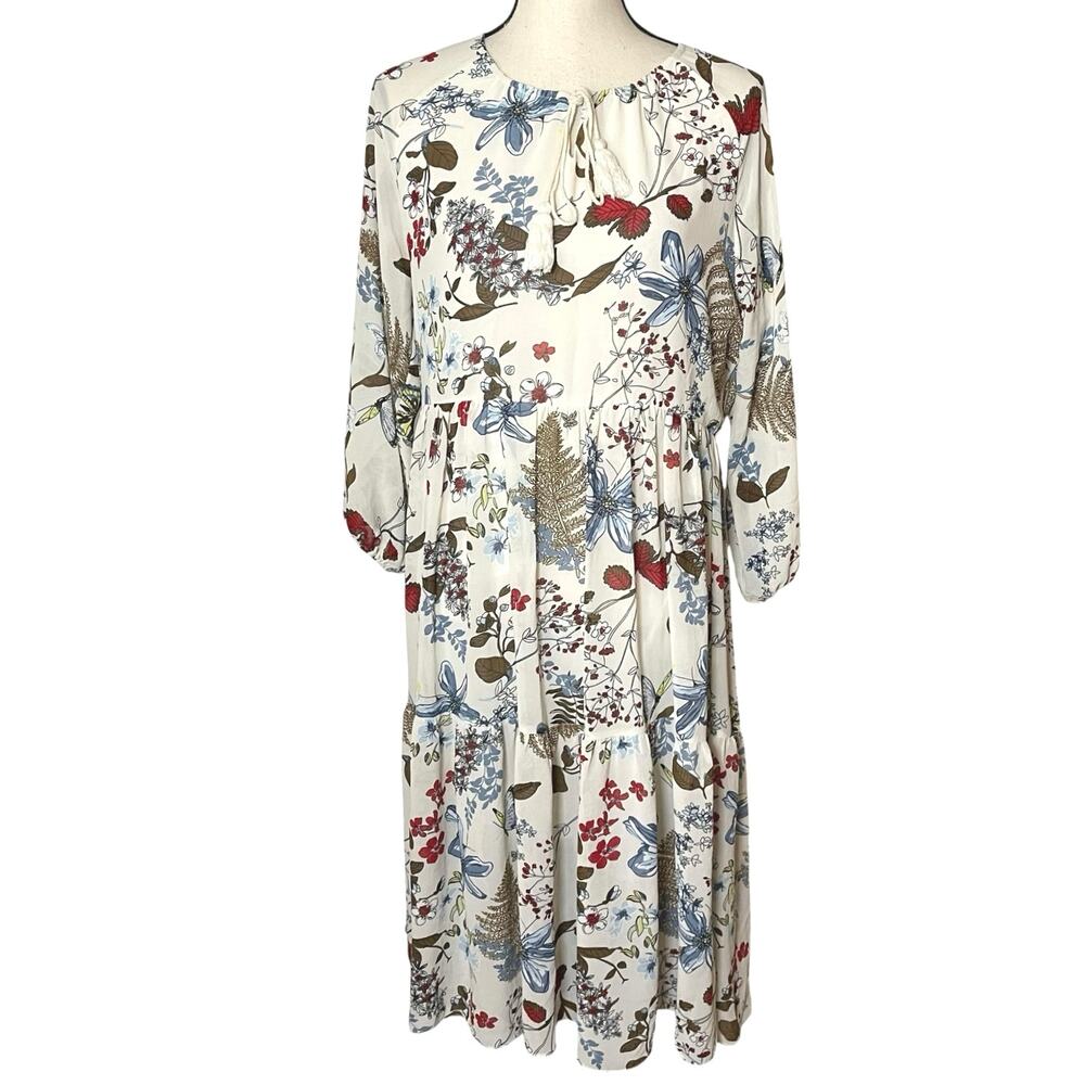 Black Tape Botanical Floral Tiered Midi Dress Size M Cream Blue Boho Cottagecore
